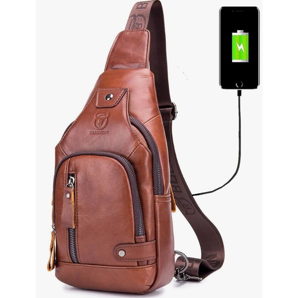 Bull Captain Leather Chest Bag w/ Nylon Strap Crossbody w/ USB Charging Port NWT - Picture 7 of 8